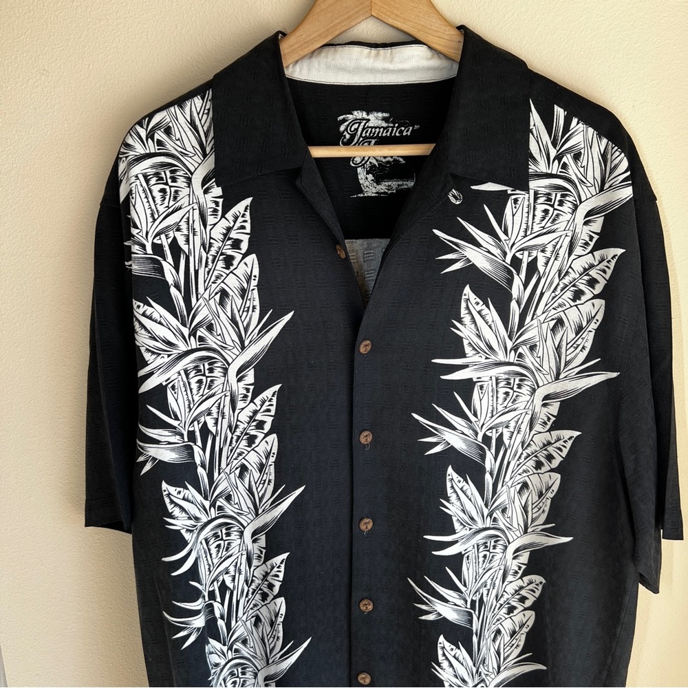 Jamaica Jaxx 100% Silk Black Bamboo Textured Palm Wooden Button Up Shirt Large